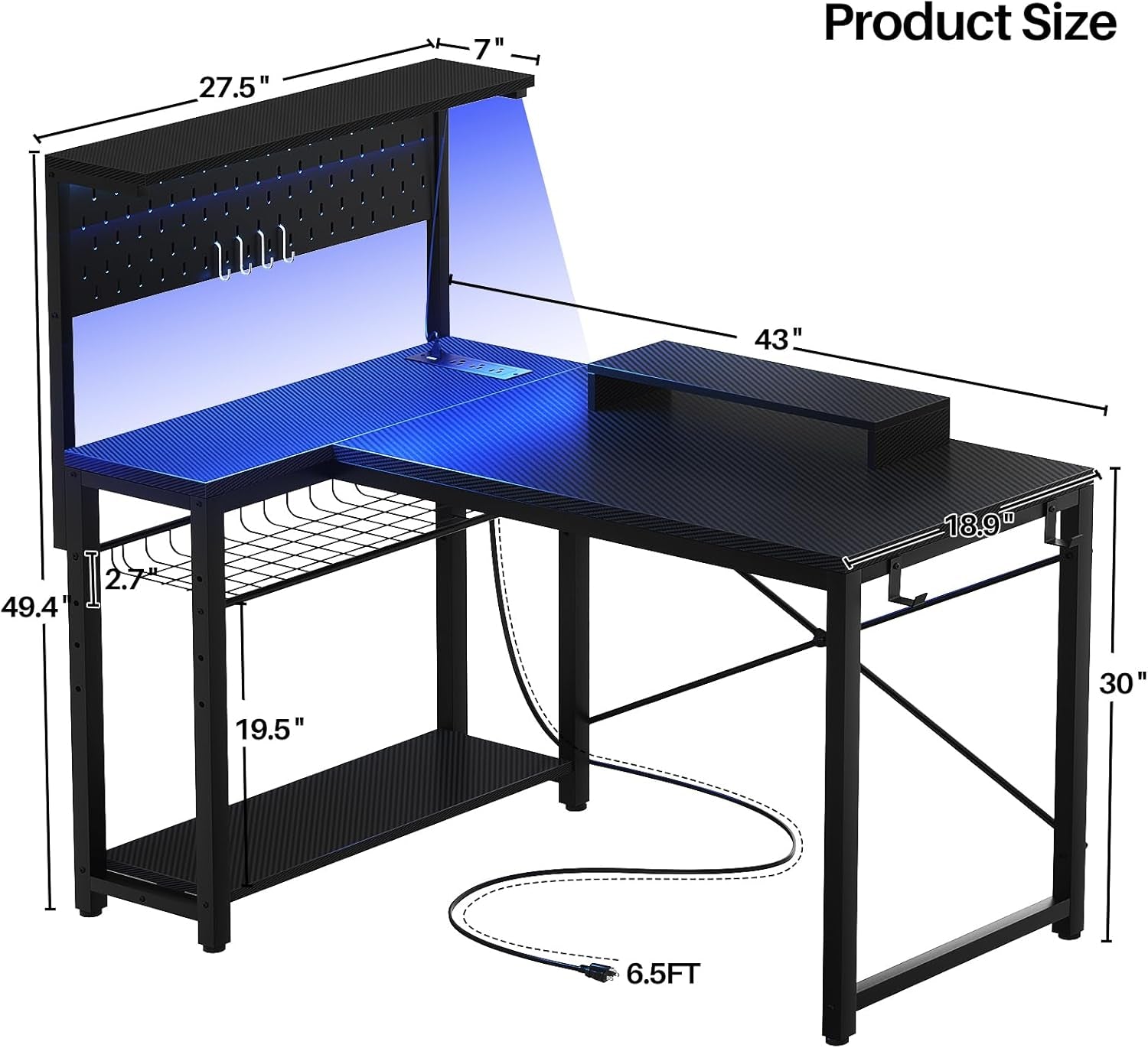  Gaming Desk with Power Outlets & LED Lights