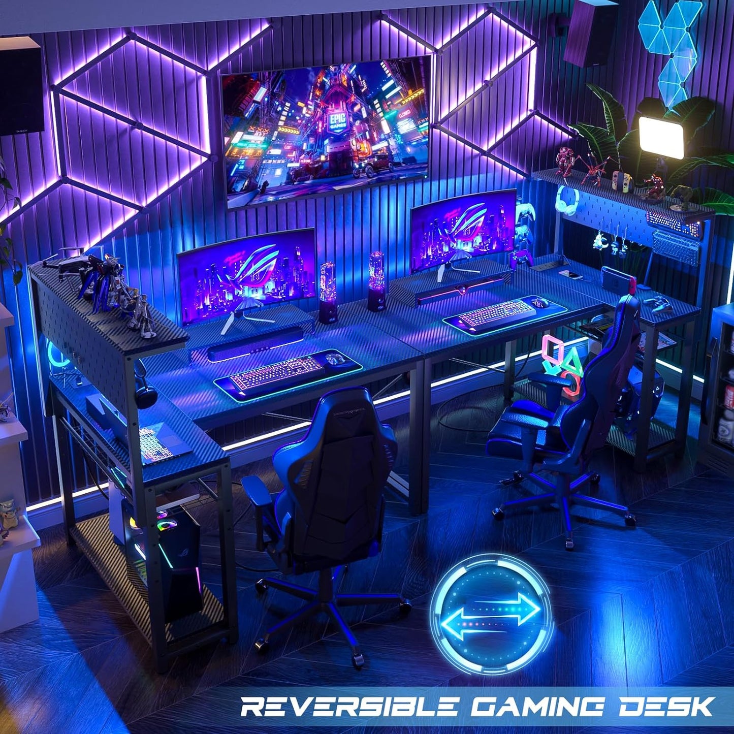  Gaming Desk with Power Outlets & LED Lights