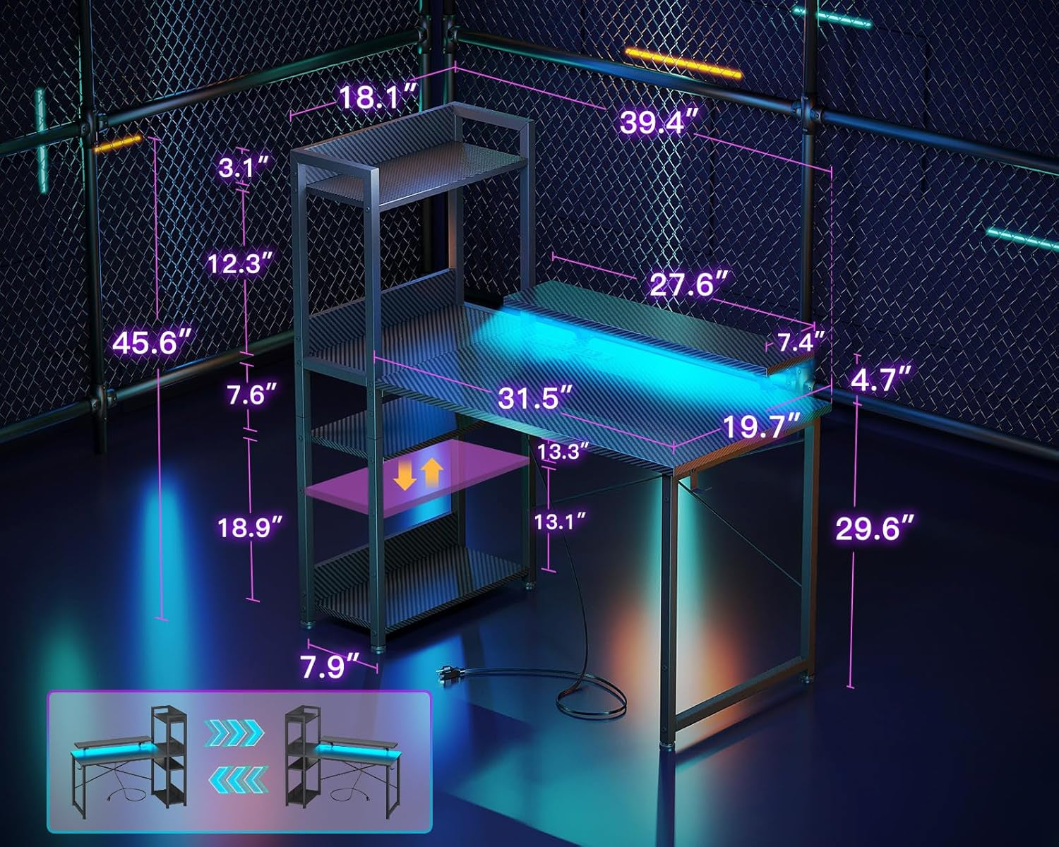 Double Storage Gaming Desk with USB Charging Port and LED Lights