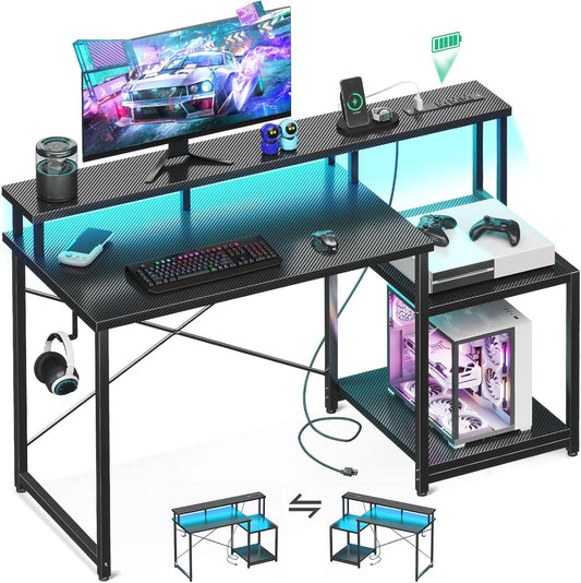  Gaming Desk with Led Lights & Storage Shelves