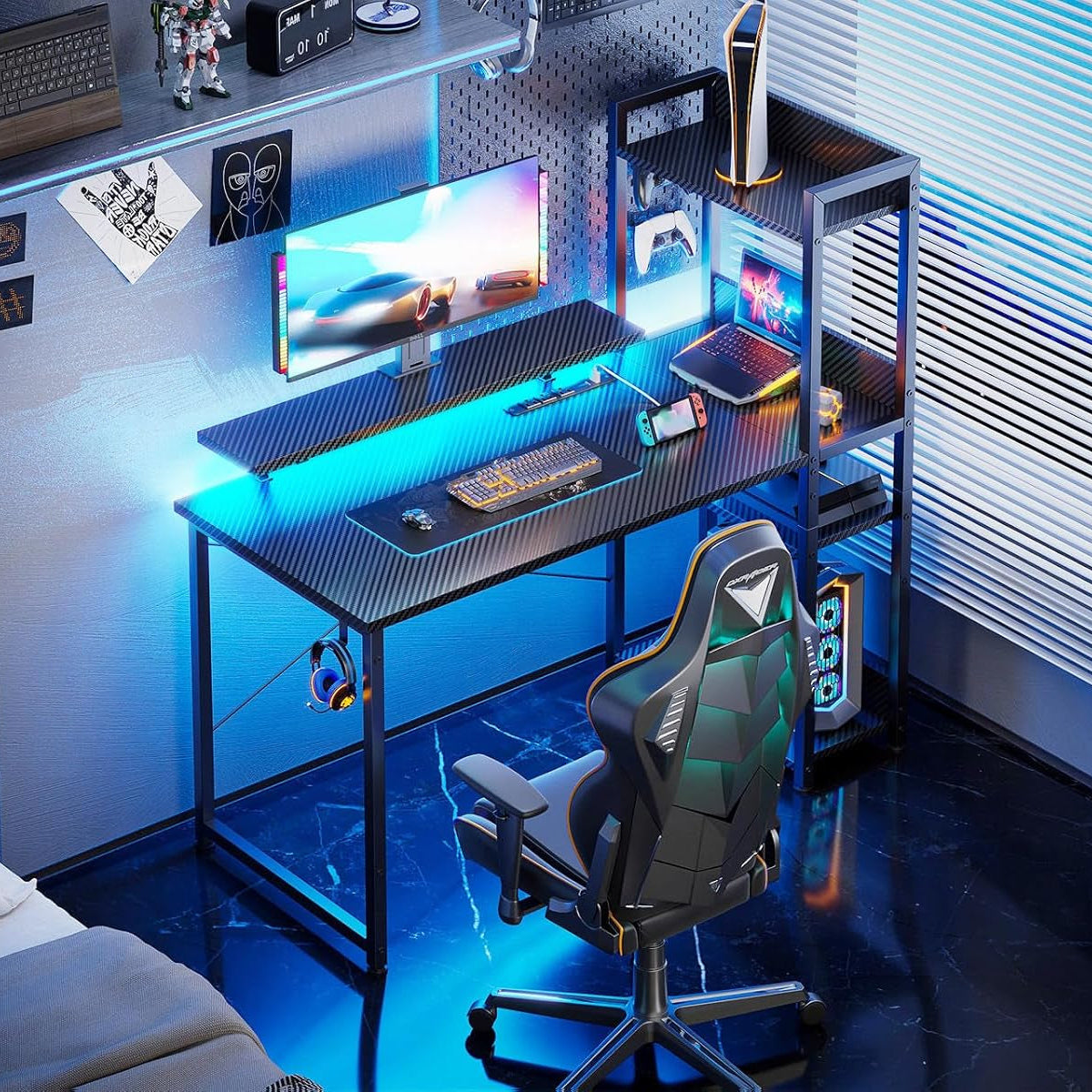 Double Storage Gaming Desk with USB Charging Port and LED Lights