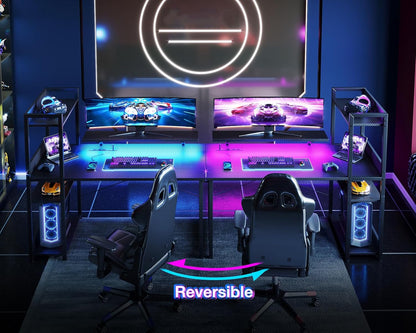 Double Storage Gaming Desk with USB Charging Port and LED Lights