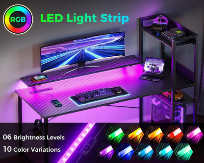 Double Storage Gaming Desk with USB Charging Port and LED Lights