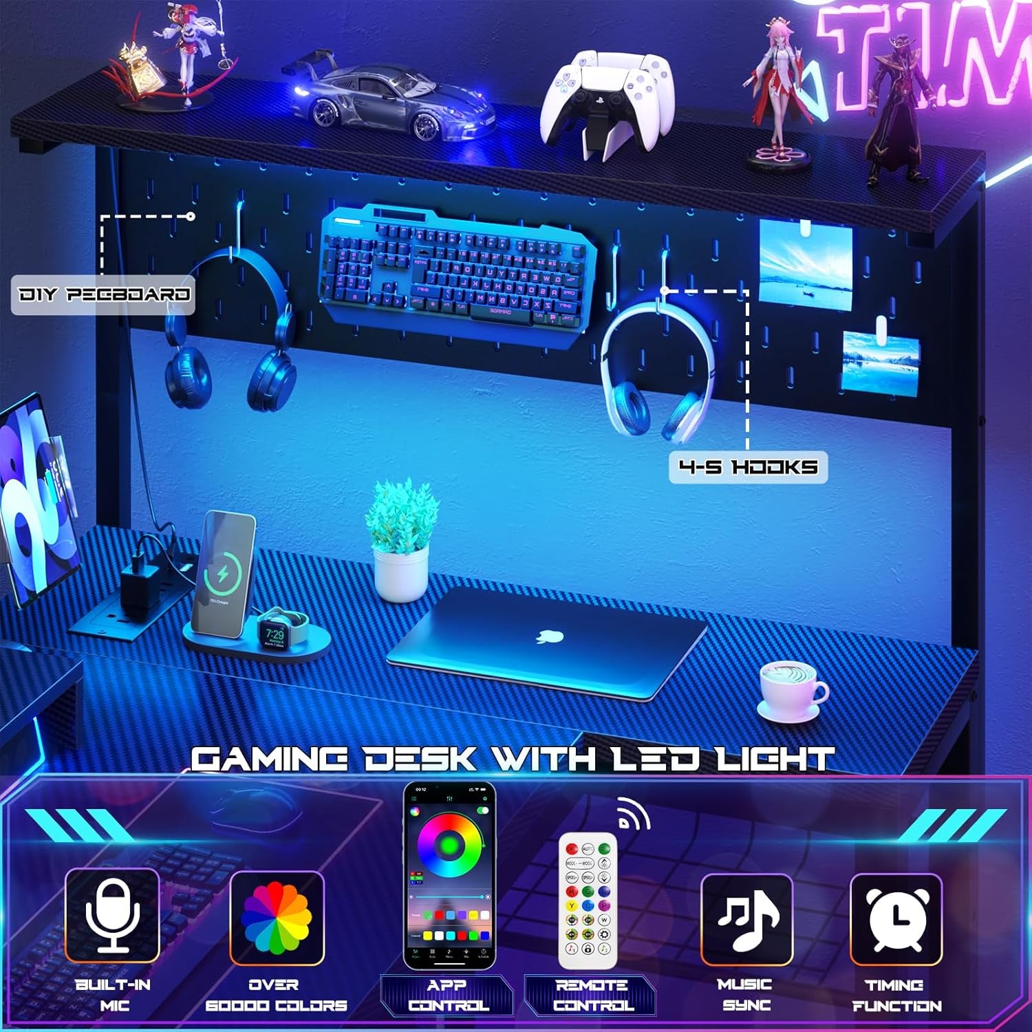  Gaming Desk with Power Outlets & LED Lights