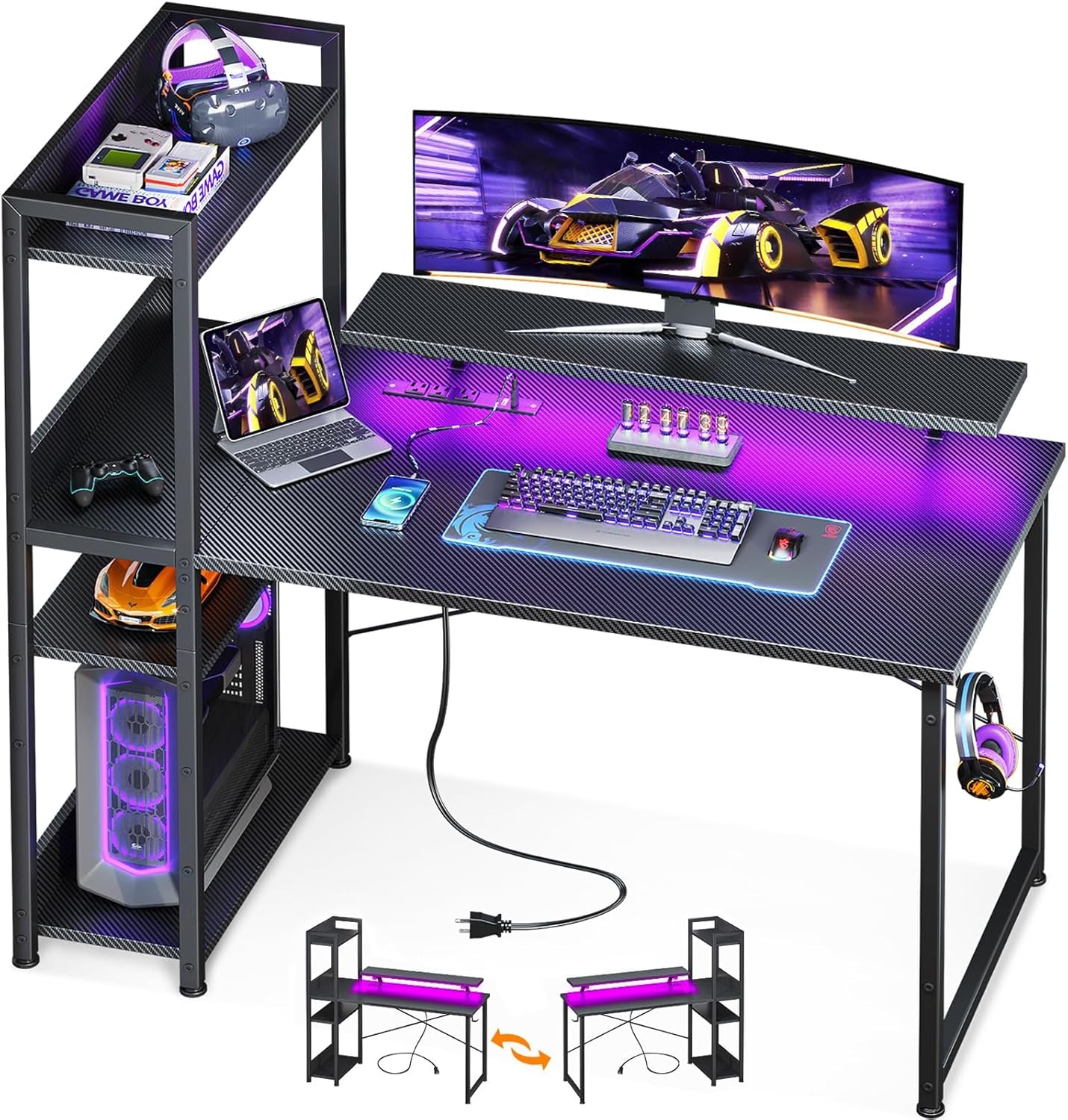 Double Storage Gaming Desk with USB Charging Port and LED Lights