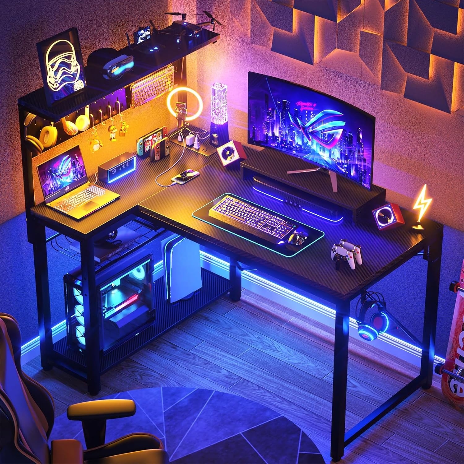  Gaming Desk with Power Outlets & LED Lights