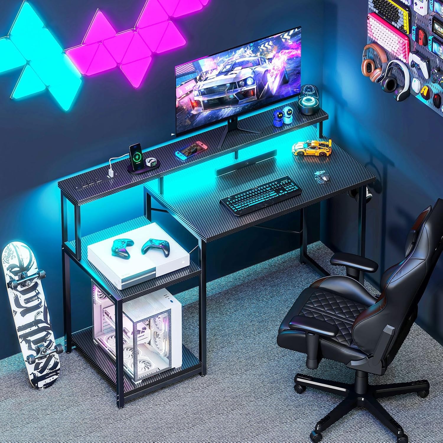  Gaming Desk with Led Lights & Storage Shelves